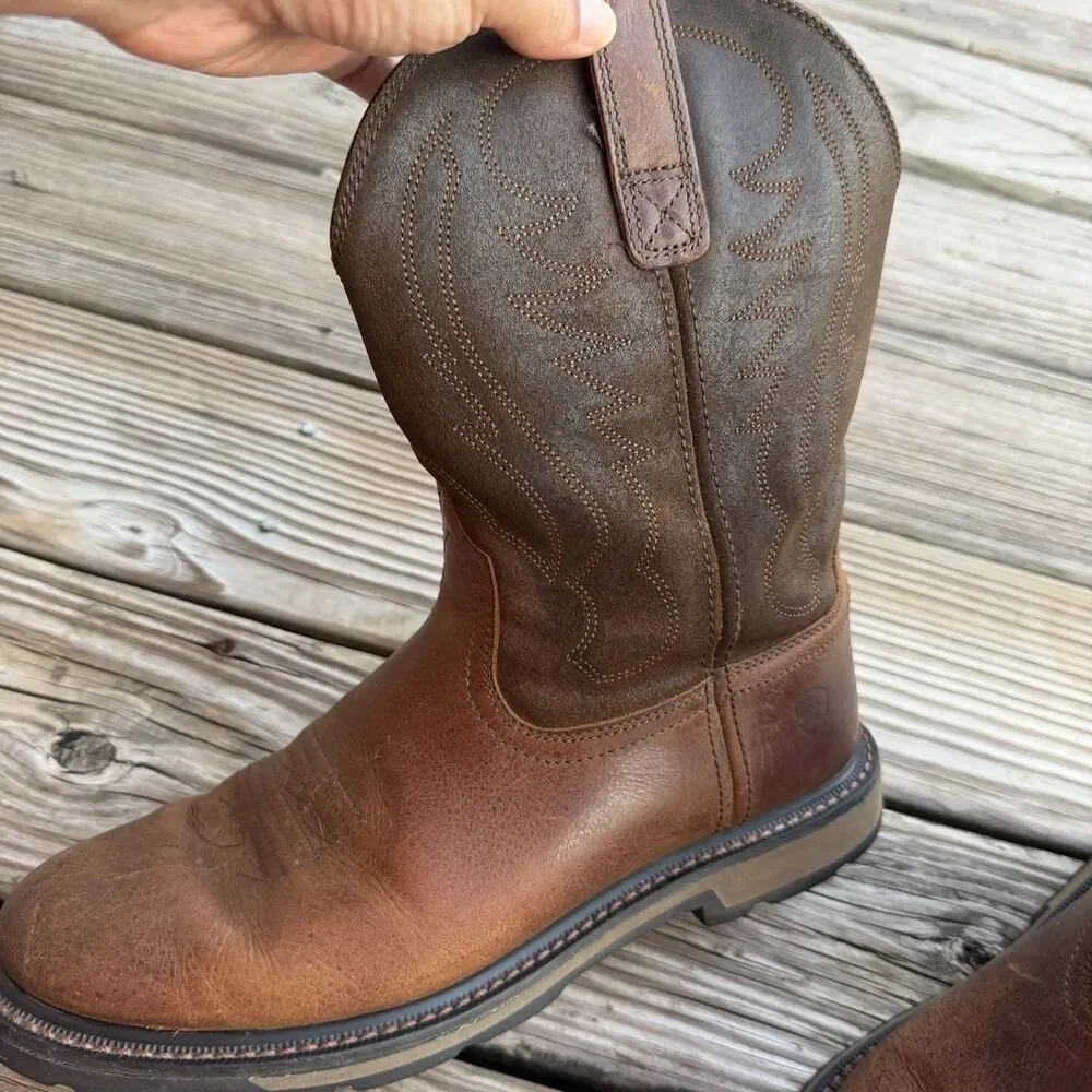 Ariat Groundbreaker Mens Pull On Work Boots Leather Distres Brown Size 10EE Wide
